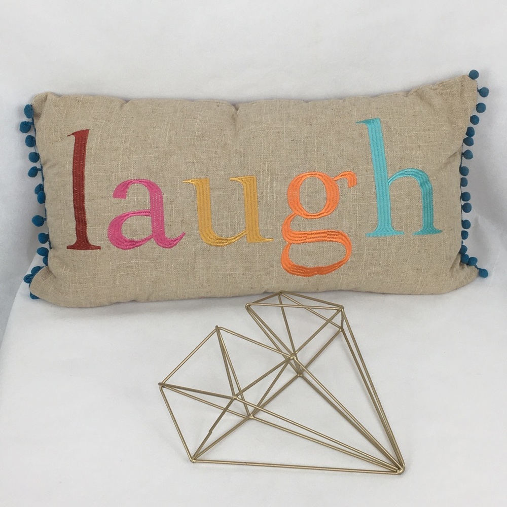LAUGH Embroidered Multi-Colored Accent Pillow Pom Pom Trim